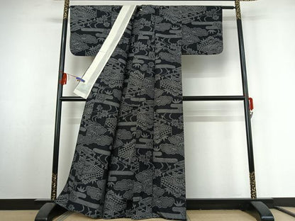 平和屋着物▽上質な紬 単衣 風景流水文 黒地 正絹 逸品 AABF2736jh