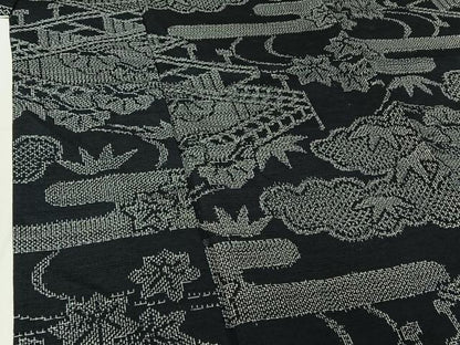 平和屋着物▽上質な紬 単衣 風景流水文 黒地 正絹 逸品 AABF2736jh