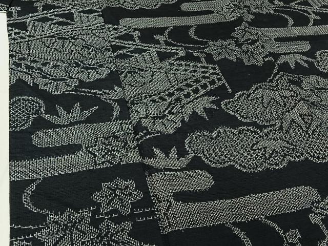 平和屋着物▽上質な紬 単衣 風景流水文 黒地 正絹 逸品 AABF2736jh
