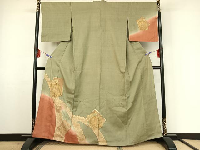 平和屋着物▽訪問着　単衣　中国三大刺繍　汕頭刺繍　スワトウ刺繍　紬地　鳥獣花文　暈し染め　正絹　逸品　AABF2747jh