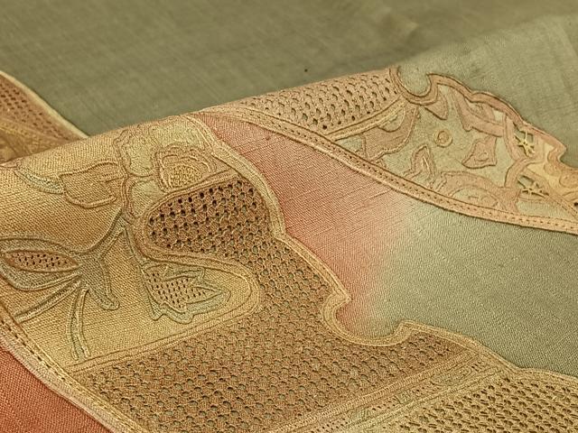 平和屋着物▽訪問着　単衣　中国三大刺繍　汕頭刺繍　スワトウ刺繍　紬地　鳥獣花文　暈し染め　正絹　逸品　AABF2747jh