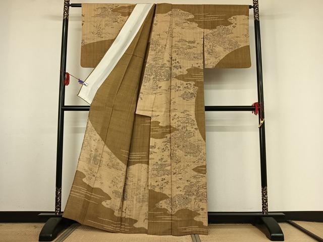 平和屋着物▽染織の名門 しょうざん 生紬 訪問着 単衣 風景吉祥花文 正絹 逸品 AABF2751jh