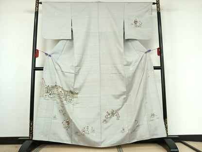 平和屋着物▽訪問着 単衣 紬地 作家物 手描き 風景童子文 正絹 逸品 AABF2753jh