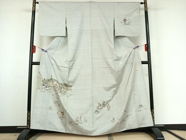 平和屋着物▽訪問着 単衣 紬地 作家物 手描き 風景童子文 正絹 逸品 AABF2753jh