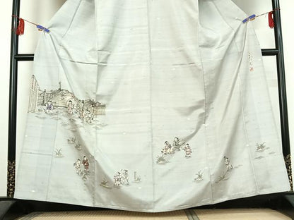 平和屋着物▽訪問着 単衣 紬地 作家物 手描き 風景童子文 正絹 逸品 AABF2753jh