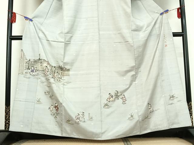 平和屋着物▽訪問着 単衣 紬地 作家物 手描き 風景童子文 正絹 逸品 AABF2753jh