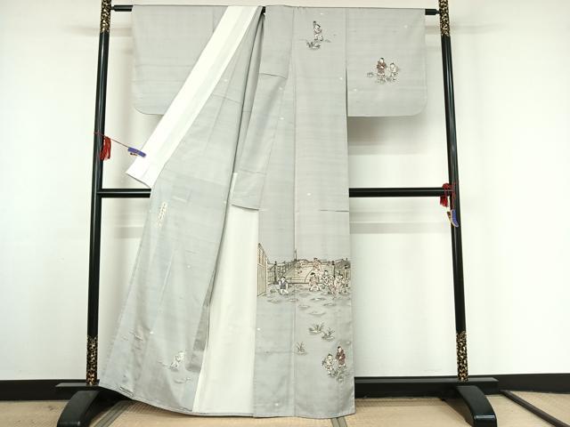 平和屋着物▽訪問着 単衣 紬地 作家物 手描き 風景童子文 正絹 逸品 AABF2753jh