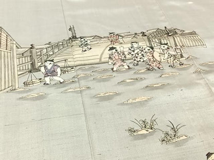 平和屋着物▽訪問着 単衣 紬地 作家物 手描き 風景童子文 正絹 逸品 AABF2753jh