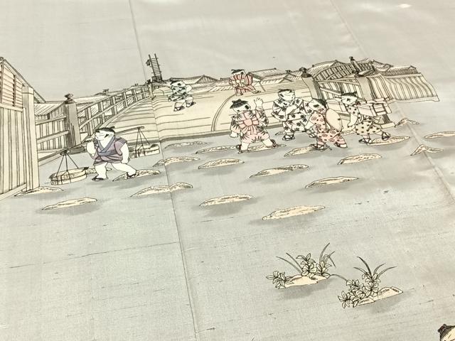 平和屋着物▽訪問着 単衣 紬地 作家物 手描き 風景童子文 正絹 逸品 AABF2753jh