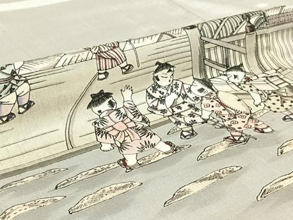 平和屋着物▽訪問着 単衣 紬地 作家物 手描き 風景童子文 正絹 逸品 AABF2753jh