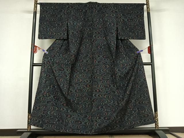平和屋着物▽上質な紬　単衣　流水文　黒地　正絹　逸品　AABF2755jh