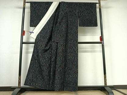 平和屋着物▽上質な紬　単衣　流水文　黒地　正絹　逸品　AABF2755jh