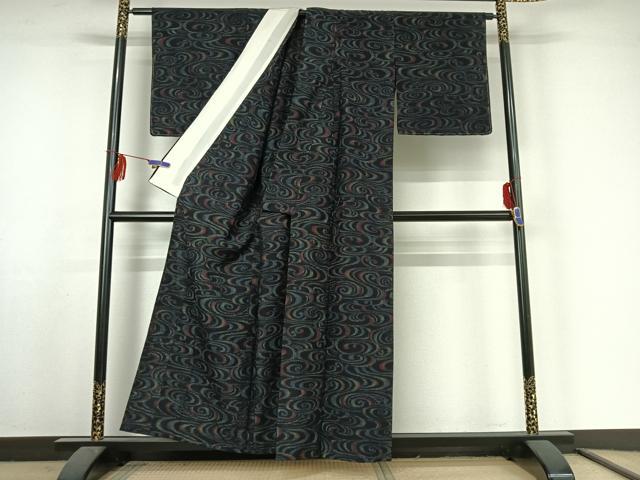 平和屋着物▽上質な紬　単衣　流水文　黒地　正絹　逸品　AABF2755jh