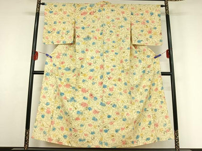 平和屋着物▽上質な小紋 単衣 草花文 正絹 逸品 AABF2760jh