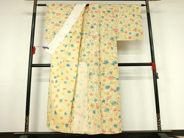 平和屋着物▽上質な小紋 単衣 草花文 正絹 逸品 AABF2760jh