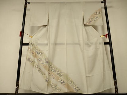 平和屋着物＊夏物 訪問着 絽 雪芝草花文 暈し染め 銀糸 銀彩 正絹 逸品 AABF2796jd