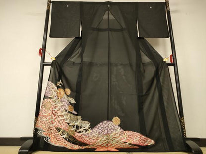 平和屋着物＊夏物　黒留袖　絽　花鳥文　金彩　ロング丈　洗える着物　AABF2805jd