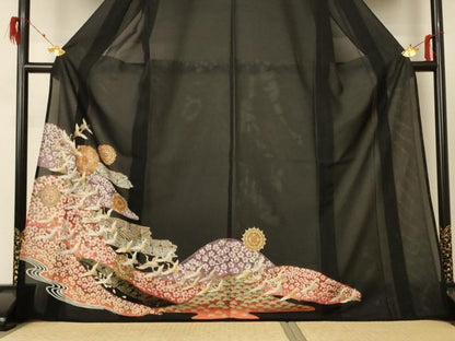 平和屋着物＊夏物　黒留袖　絽　花鳥文　金彩　ロング丈　洗える着物　AABF2805jd