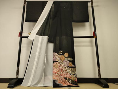平和屋着物＊夏物　黒留袖　絽　花鳥文　金彩　ロング丈　洗える着物　AABF2805jd