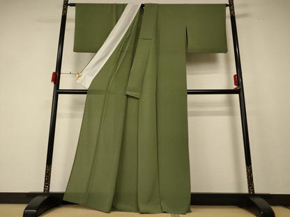 平和屋着物＊夏物 色無地 絽縮緬 海松色 正絹 逸品 AABF2817jd