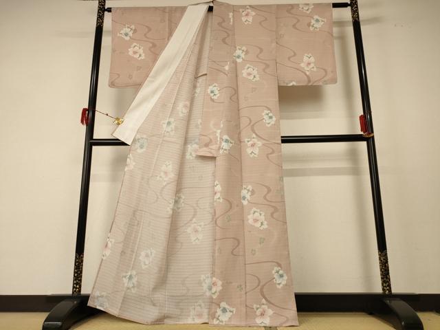 平和屋着物＊夏物 小紋 絽 流水草花文 洗える着物 AABF2821jd