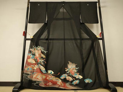 平和屋着物＊夏物 黒留袖 絽 地紙人物花文 金彩 洗える着物 AABF2825jd