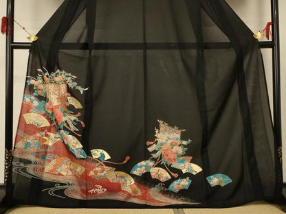 平和屋着物＊夏物 黒留袖 絽 地紙人物花文 金彩 洗える着物 AABF2825jd