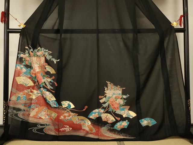 平和屋着物＊夏物 黒留袖 絽 地紙人物花文 金彩 洗える着物 AABF2825jd