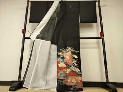 平和屋着物＊夏物 黒留袖 絽 地紙人物花文 金彩 洗える着物 AABF2825jd