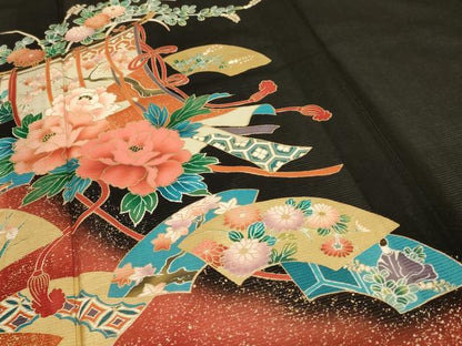 平和屋着物＊夏物 黒留袖 絽 地紙人物花文 金彩 洗える着物 AABF2825jd