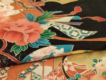 平和屋着物＊夏物 黒留袖 絽 地紙人物花文 金彩 洗える着物 AABF2825jd
