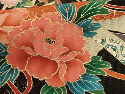 平和屋着物＊夏物 黒留袖 絽 地紙人物花文 金彩 洗える着物 AABF2825jd