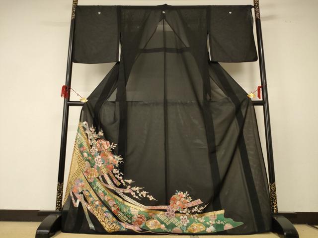 平和屋着物＊夏物　黒留袖　絽　雪輪草花文　金彩　ロング丈　洗える着物　AABF2827jd