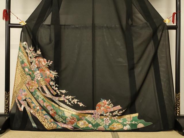 平和屋着物＊夏物　黒留袖　絽　雪輪草花文　金彩　ロング丈　洗える着物　AABF2827jd