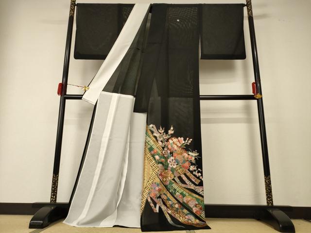 平和屋着物＊夏物　黒留袖　絽　雪輪草花文　金彩　ロング丈　洗える着物　AABF2827jd