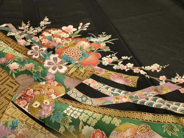 平和屋着物＊夏物　黒留袖　絽　雪輪草花文　金彩　ロング丈　洗える着物　AABF2827jd