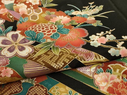 平和屋着物＊夏物　黒留袖　絽　雪輪草花文　金彩　ロング丈　洗える着物　AABF2827jd