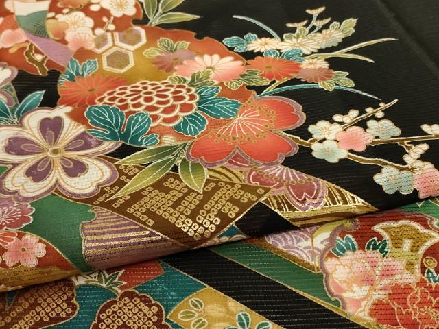 平和屋着物＊夏物　黒留袖　絽　雪輪草花文　金彩　ロング丈　洗える着物　AABF2827jd