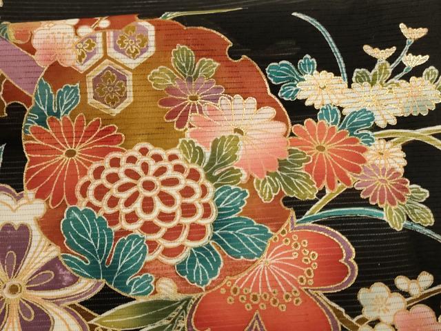 平和屋着物＊夏物　黒留袖　絽　雪輪草花文　金彩　ロング丈　洗える着物　AABF2827jd