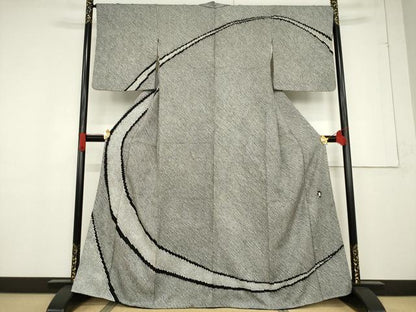 平和屋着物●訪問着 作家物 総絞り 流水文 黒地 正絹 逸品 AABF2842ck