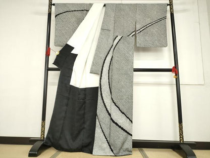 平和屋着物●訪問着 作家物 総絞り 流水文 黒地 正絹 逸品 AABF2842ck