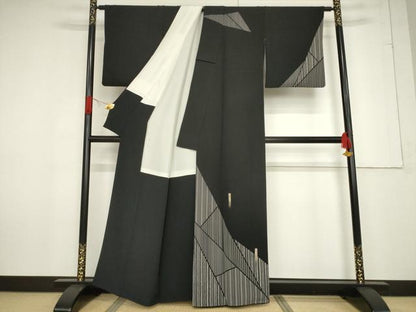 平和屋着物●訪問着 刺繍 短冊文 黒地 金彩 正絹 逸品 AABF2849ck