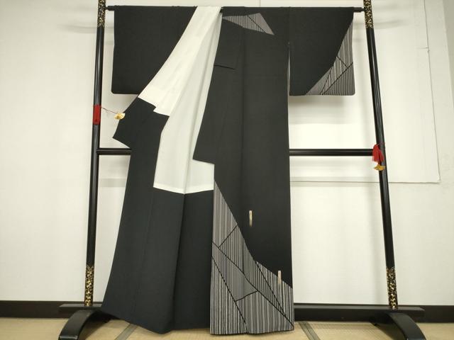 平和屋着物●訪問着 刺繍 短冊文 黒地 金彩 正絹 逸品 AABF2849ck