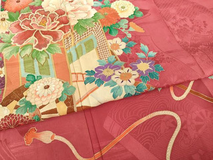 平和屋着物●アンティーク 大正ロマン 訪問着 刺繍 御所車花文 正絹 逸品 AABF2854ck