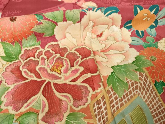 平和屋着物●アンティーク 大正ロマン 訪問着 刺繍 御所車花文 正絹 逸品 AABF2854ck