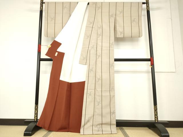平和屋着物●お召 格子 燕 正絹 逸品 AABF2858ck