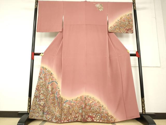 平和屋着物●訪問着　総刺繍　更紗花鳥文　暈し染め　金糸　正絹　逸品　AABF2866ck