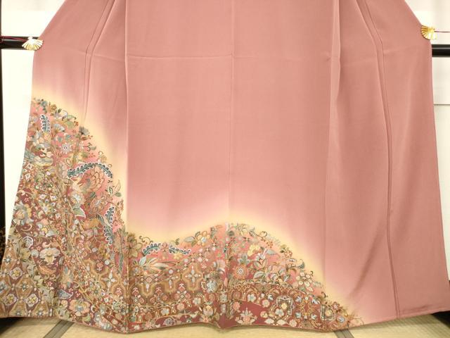 平和屋着物●訪問着　総刺繍　更紗花鳥文　暈し染め　金糸　正絹　逸品　AABF2866ck