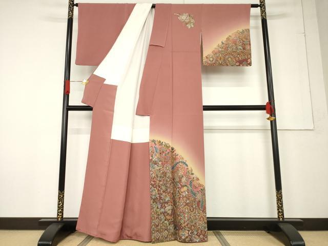 平和屋着物●訪問着　総刺繍　更紗花鳥文　暈し染め　金糸　正絹　逸品　AABF2866ck