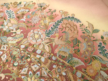 平和屋着物●訪問着　総刺繍　更紗花鳥文　暈し染め　金糸　正絹　逸品　AABF2866ck